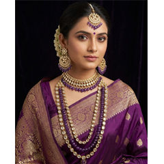 Gold Rodium Polish Purple and Violet color Necklace in Metal Alloy studded with Kundan