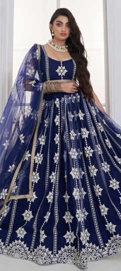 Blue color Lehenga in Net fabric with Embroidered, Sequence, Thread, Zari work