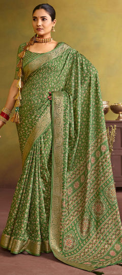 Green color Saree in Silk fabric with Printed, Weaving work