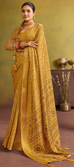 Yellow color Saree in Silk fabric with Printed, Weaving work