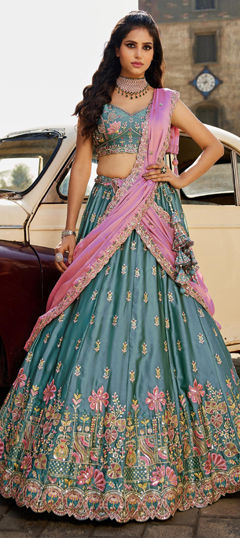 Blue color Lehenga in Silk fabric with Embroidered, Sequence, Thread, Zari work