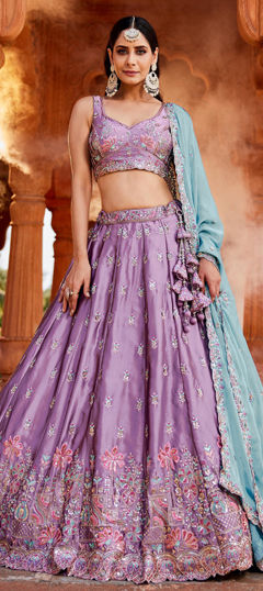 Purple and Violet color Lehenga in Silk fabric with Embroidered, Sequence, Thread, Zari work