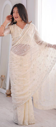 White and Off White color Saree in Tissue fabric with Sequence work