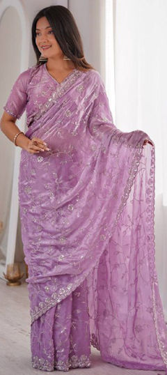 Purple and Violet color Saree in Tissue fabric with Sequence work
