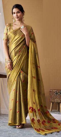 Green color Saree in Tissue fabric with Weaving work