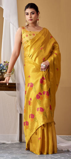 Gold color Saree in Tissue fabric with Weaving work