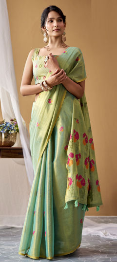Green color Saree in Tissue fabric with Weaving work
