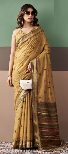 Yellow color Saree in Cotton fabric with Embroidered, Weaving work