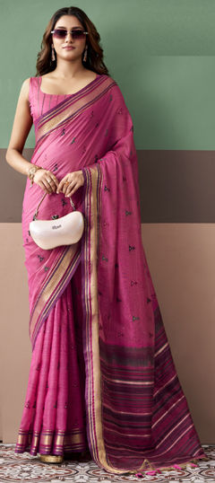 Pink and Majenta color Saree in Cotton fabric with Embroidered, Weaving work