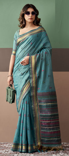 Blue color Saree in Cotton fabric with Embroidered, Weaving work