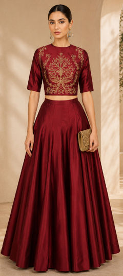 Red and Maroon color Ready to Wear Lehenga in Silk fabric with Embroidered, Zari work