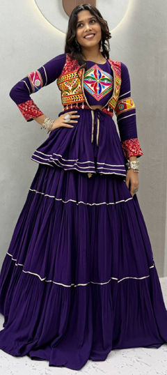 Purple and Violet color Long Lehenga Choli in Cotton fabric with Lace, Mirror work