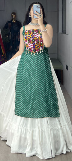 Green, White and Off White color Long Lehenga Choli in Rayon fabric with Embroidered, Lehariya, Mirror, Printed work