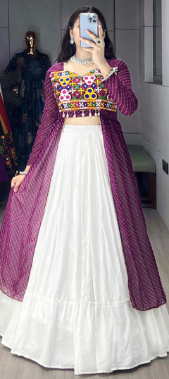 Purple and Violet, White and Off White color Long Lehenga Choli in Rayon fabric with Embroidered, Lehariya, Mirror, Printed work