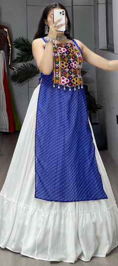 Blue, White and Off White color Long Lehenga Choli in Rayon fabric with Embroidered, Lehariya, Mirror, Printed work