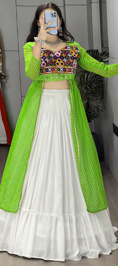 Green, White and Off White color Long Lehenga Choli in Rayon fabric with Embroidered, Lehariya, Mirror, Printed work