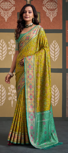 Green, Yellow color Saree in Patola Silk fabric with Weaving work