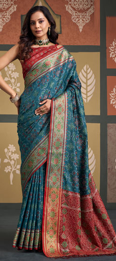 Blue, Red and Maroon color Saree in Patola Silk fabric with Weaving work
