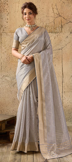 Black and Grey color Saree in Linen, Tissue fabric with Border, Zari work