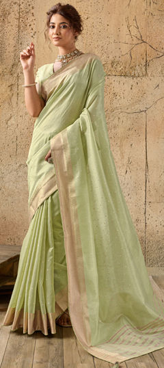 Green color Saree in Linen, Tissue fabric with Border, Zari work