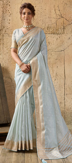 Blue color Saree in Linen, Tissue fabric with Border, Zari work