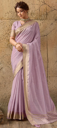Purple and Violet color Saree in Linen, Tissue fabric with Border, Zari work