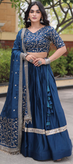 Blue color Lehenga in Satin Silk fabric with Embroidered, Mirror, Sequence work