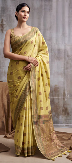 Yellow color Saree in Cotton fabric with Weaving work