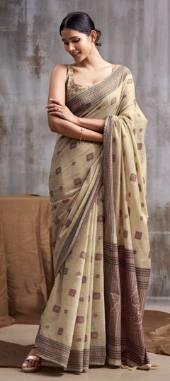 Beige and Brown color Saree in Cotton fabric with Weaving work