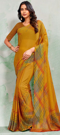 Yellow color Saree in Georgette fabric with Printed work