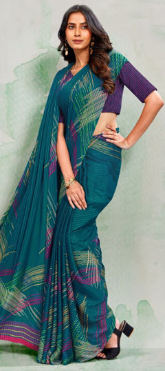 Blue color Saree in Georgette fabric with Printed work