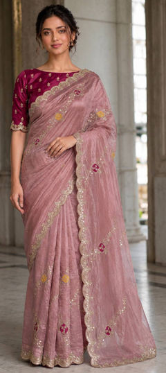 Pink and Majenta color Saree in Tissue fabric with Border, Embroidered work