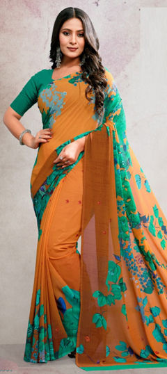 Orange color Saree in Faux Georgette fabric with Digital Print work