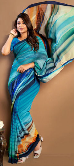 Blue color Saree in Faux Georgette fabric with Digital Print work