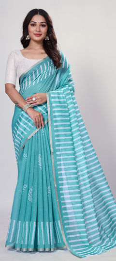 Blue color Saree in Chanderi Silk fabric with Digital Print work