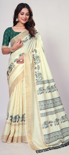Yellow color Saree in Silk fabric with Printed work