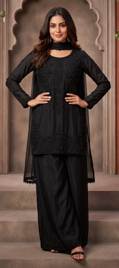 Black and Grey color Salwar Kameez in Chinon Silk fabric with Bugle Beads work