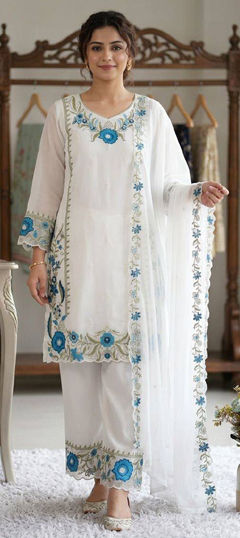 White and Off White color Salwar Kameez in Faux Georgette fabric with Embroidered work