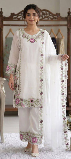 White and Off White color Salwar Kameez in Faux Georgette fabric with Embroidered work