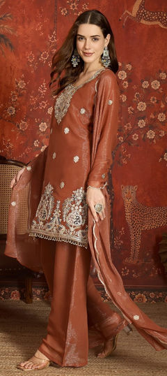 Beige and Brown color Salwar Kameez in Georgette fabric with Embroidered, Sequence work