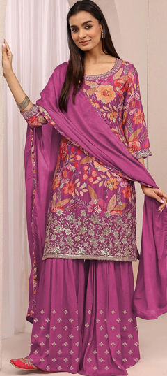Pink and Majenta color Salwar Kameez in Chinon Silk fabric with Embroidered, Sequence, Zari work