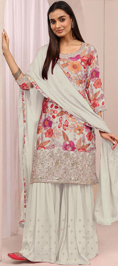 White and Off White color Salwar Kameez in Chinon Silk fabric with Embroidered, Sequence, Zari work