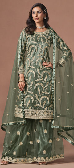Green color Salwar Kameez in Net fabric with Embroidered, Sequence work