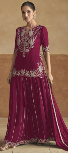 Purple and Violet color Salwar Kameez in Chinon Silk fabric with Embroidered work