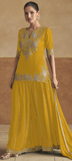 Yellow color Salwar Kameez in Chinon Silk fabric with Embroidered work