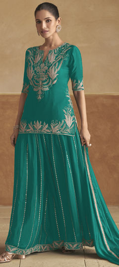 Blue color Salwar Kameez in Chinon Silk fabric with Embroidered work