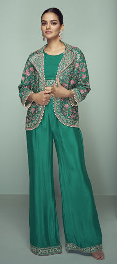 Green color Salwar Kameez in Chinon Silk fabric with Embroidered, Sequence work