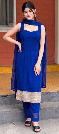 Blue color Salwar Kameez in Faux Georgette fabric with Embroidered work