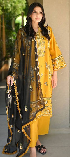 Yellow color Salwar Kameez in Roman Silk fabric with Embroidered, Lace work