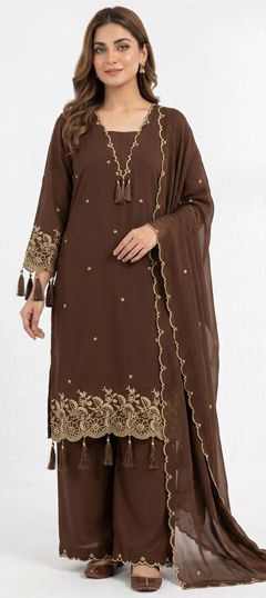 Beige and Brown color Salwar Kameez in Rayon fabric with Embroidered work